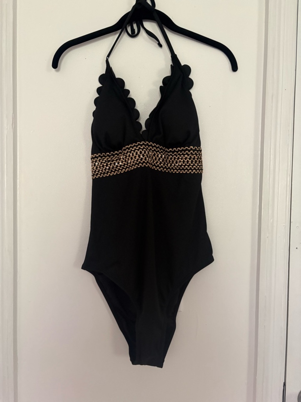Black Scalloped One-Piece Swimsuit with Gold Accent